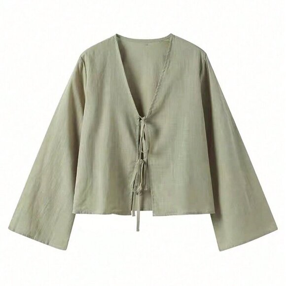 Army Green Casual Women's Vacation Tie Front Flare Sleeve Blouse Shirt - Picture 3 of 7